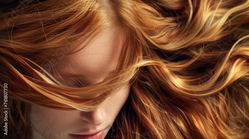 Close-up of flowing redhead hair. Macro shot with detailed texture. Beauty and hair care concept. Design for hair products or salon services
