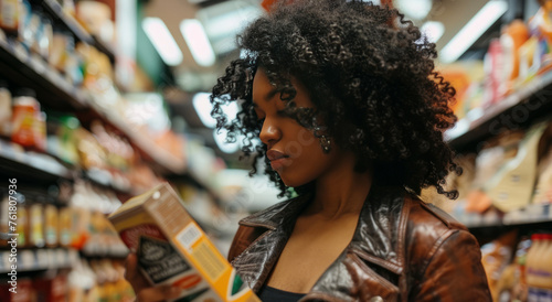 Obraz na płótnie Woman choosing products in grocery store, reading ingredients w salonie