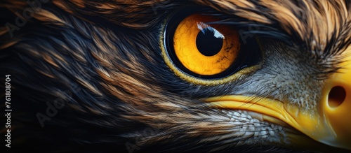 Closeup image capturing the intense gaze of a bird of prey, showing a detailed view of its eye and beak. The majestic creature belongs to the Accipitridae family under the Falconiformes order photo