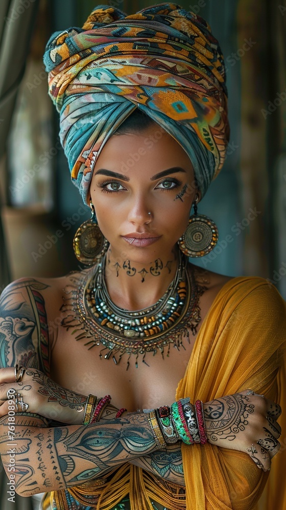 woman with turban dressed in costume, jewelry and tribal tattoos
