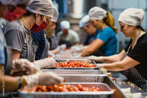 A group of unrecognizable people volunteering at a local food bank showcasing compassion generosity and community service