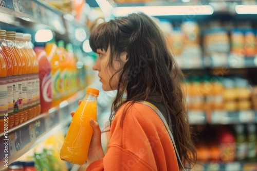 Consumer Comparing Juice Options in Supermarket