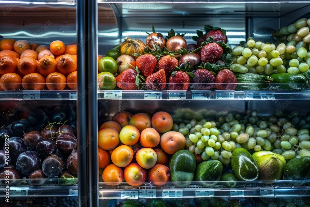 Assorted Fresh Fruits and Vegetables on Supermarket Shelf