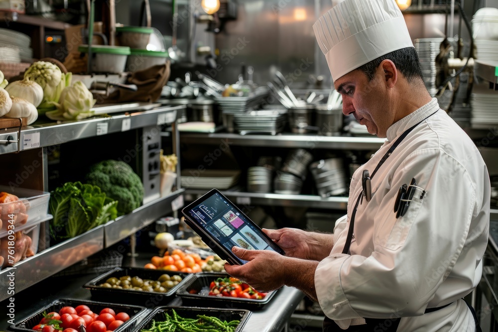 Modern Culinary Technology: Chef Orders Supplies with Digital Tablet