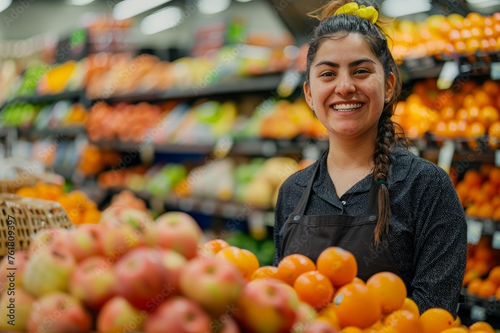 Friendly Grocery Store Employee by Fresh Fruit Display, Looking at Camera