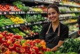 Smiling Female Employee Showcasing Fresh Produce at Grocery Store