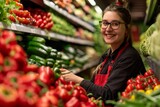 Friendly Supermarket Employee in Vegetable Section, Smiling at Camera
