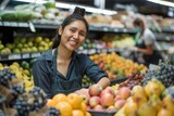Joyful Supermarket Fruit Section Employee Offering Quality Produce