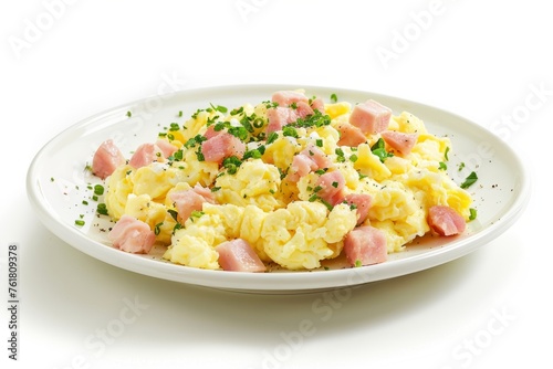 Nutritious Morning Meal: Scrambled Eggs with Ham on White Plate