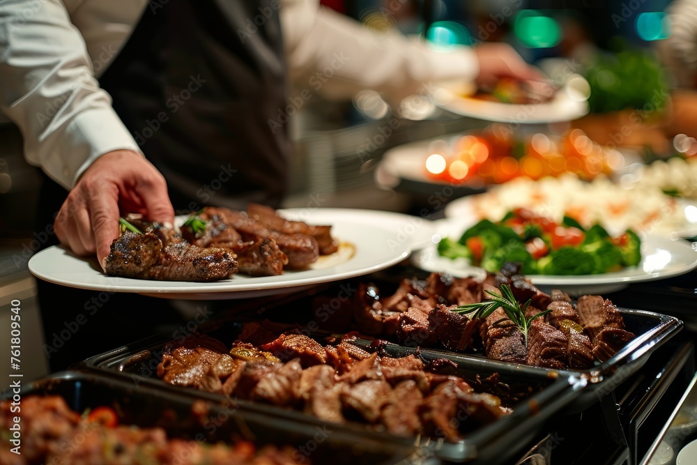 Elegant Service of Meat Dishes at a Restaurant Event
