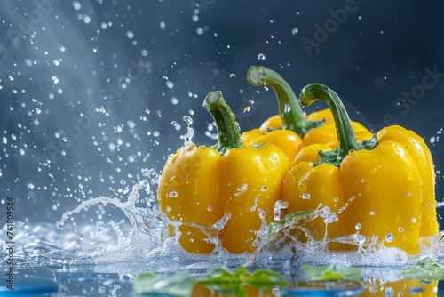 Dew-Kissed Yellow Bell Peppers, Close-Up with Bokeh