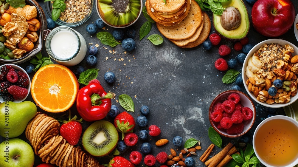 Flatlay photography of healthy breakfast options Flatlay photography of healthy breakfast options
