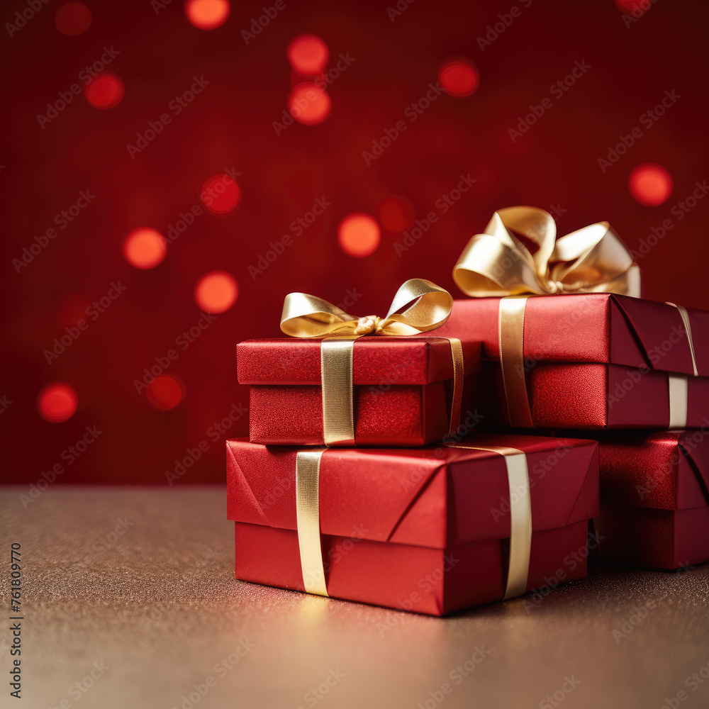 Red boxes with golden ribbon on red garland background close up Red boxes with golden ribbon on red garland background close up