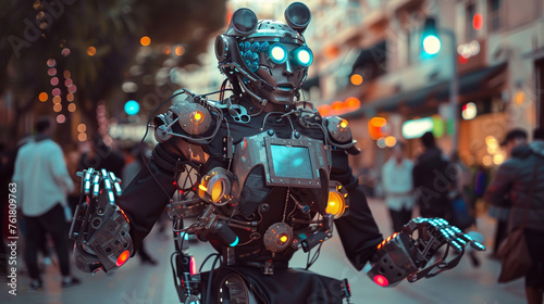 A cybernetic street performer, with mechanical limbs adorned with flashing lights and built-in speakers, entertaining passersby with a mesmerizing display of acrobatics and dance. photo