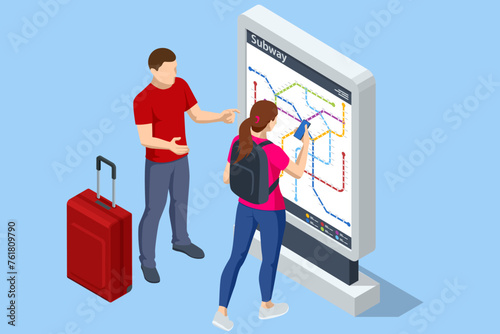 Isometric passengers looking at the metro map, metro or subway map. Underground way. Fictional metro map. Subway station platform. High speed train.