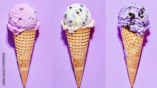 three ice cream cones with different flavors of ice cream in them on a pink and purple background, three of the cones have chocolate chips on top of the ice cream.