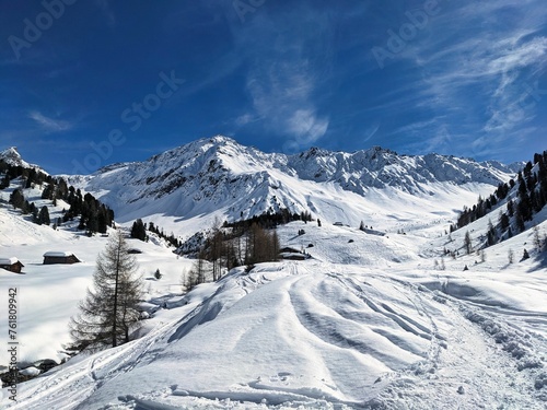Beautiful mountain landscape on the Alp Inneralpen in Davos Monstein. View of the snowy Gipshorn Mountain and Mäschengrat. High quality photo