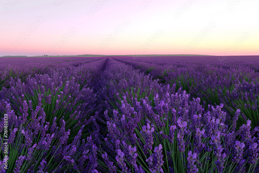 Obraz premium A field of blooming lavender stretching to the horizon under a pastel-colored sky at dusk.