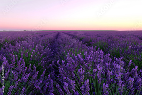 A field of blooming lavender stretching to the horizon under a pastel-colored sky at dusk.