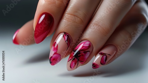 Vibrant red and pink floral nail art on almond-shaped nails. Creative manicure close-up for beauty and spring fashion concepts