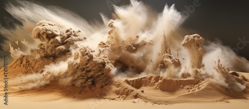 A cloud of sand explodes in the air  transforming the natural landscape into a fiery event. The heat mixes with the soil creating a spectacular scene in the sky
