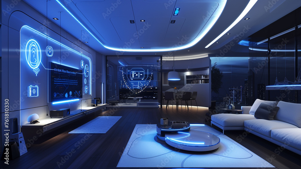 A futuristic smart home equipped with state-of-the-art automation systems, from voice-controlled lighting to climate control, seamlessly integrated into its sleek design.