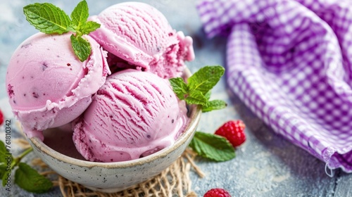 Wallpaper Mural three scoops of ice cream in a bowl with fresh raspberries on a blue and white checkered napkin. Torontodigital.ca