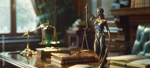 Statue of Lady Justice in a law office. Close-up with selective focus. Legal and law concept for design and print.