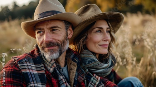 Smiling couple wearing hats sits in a golden field at sunset, exuding a rustic, romantic vibe