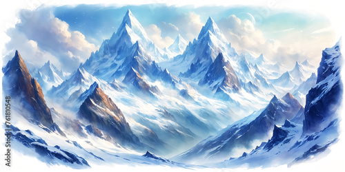 Discover the beauty and serenity of an icy mountain landscape in this masterpiece, offering a glimpse into the pristine majesty of snow-capped summits on a white background