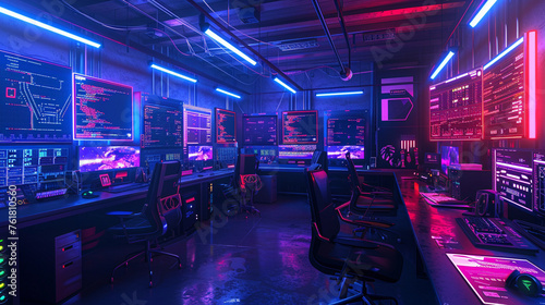 A hidden underground hacking den, lit only by the glow of computer screens and neon accents, where hackers manipulate code to breach corporate firewalls in pursuit of valuable data.