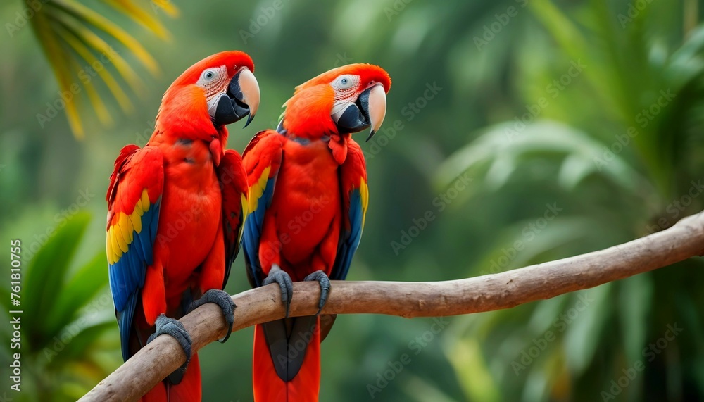two scarlet macaws are facing each other on a branch on tropical blurry background wallpaper 4k created with generative ai - obrazy, fototapety, plakaty 