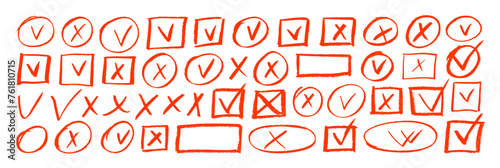 Hand drawn red charcoal check marks and crosses in oval or square frames.