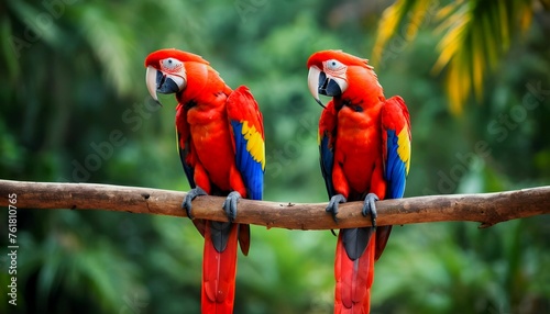 two scarlet macaws are facing each other on a branch on tropical blurry background wallpaper 4k created with generative ai