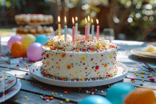 A fun and whimsical birthday cake topped with rainbow sprinkles and lit candles set at a celebration party