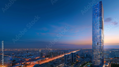 A modern high-rise condominium tower standing tall against the backdrop of a bustling metropolis, its glass fa? section ade reflecting the vibrant city lights below. photo