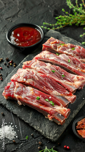 A juicy raw pork rib on a clean surface, waiting to be prepared. Fresh pork displays its natural texture and tone on a dark surface.