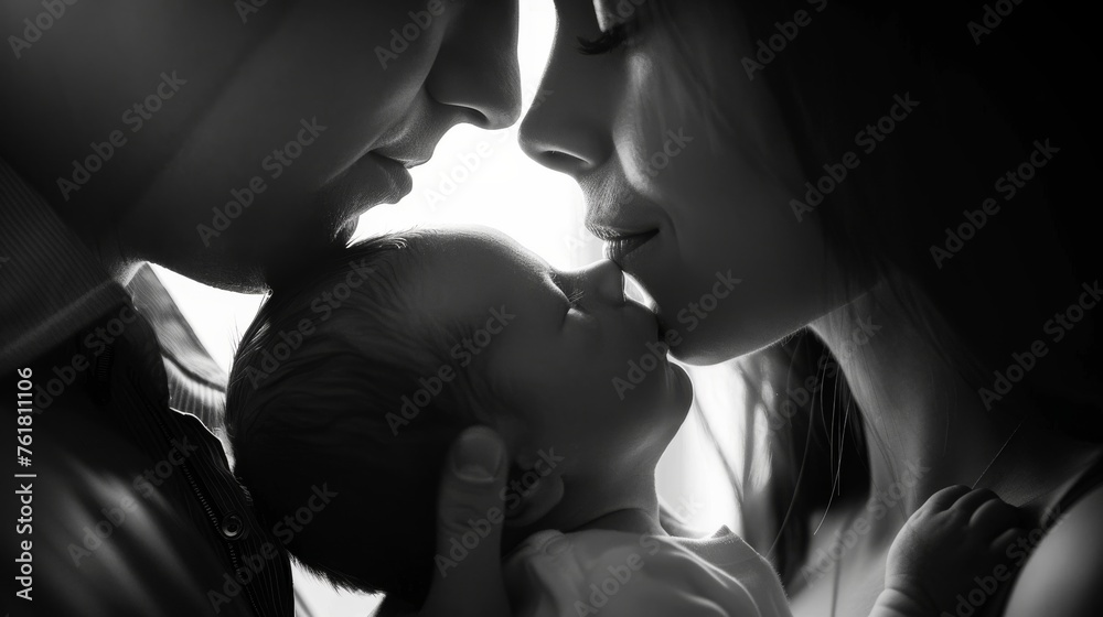 In a touching black and white photo, parents are seen adoringly cradling their infant, a moment of pure love and tenderness - obrazy, fototapety, plakaty 
