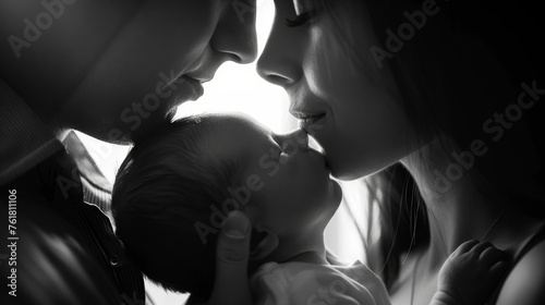 In a touching black and white photo, parents are seen adoringly cradling their infant, a moment of pure love and tenderness