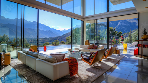 A modernist masterpiece featuring clean lines, floor-to-ceiling glass, and panoramic mountain views. photo