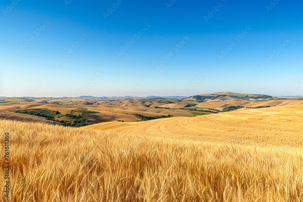 A panoramic view of rolling hills covered in golden wheat fields under a vast expanse of clear blue sky.