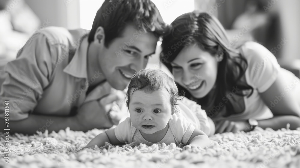 A black and white photo of a smiling couple on the floor with their baby