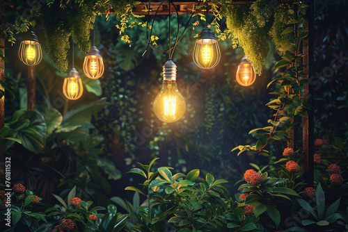 A radiant light bulb suspended above a verdant garden  illuminated by a cluster of biofuel-powered lanterns  harmonizing modern illumination with eco-conscious energy sources.