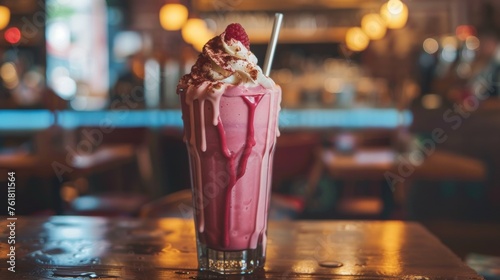 A milkshake with whipped cream and a cherry on top sitting in front of the bar, AI photo