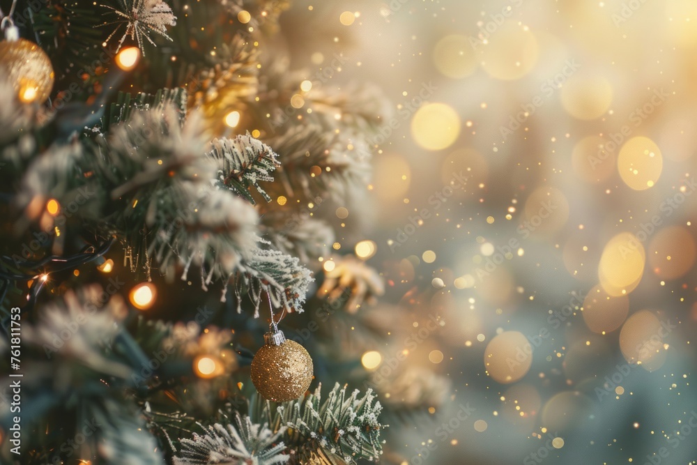 Decorated Christmas tree on blurred background, defocused lights wallpaper
