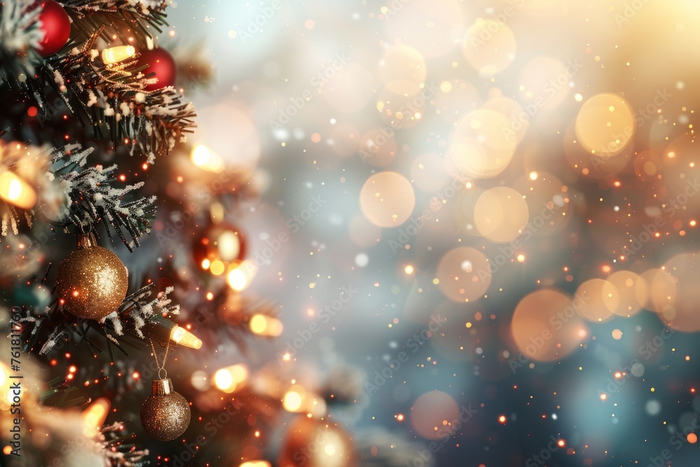 Decorated Christmas tree on blurred background, defocused lights wallpaper