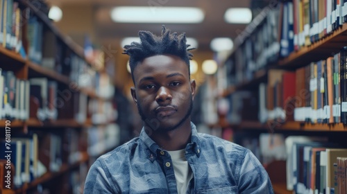 A fashionable young African man in casual attire stands with confidence among rows of library books