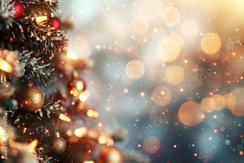 Decorated Christmas tree on blurred background  defocused lights wallpaper