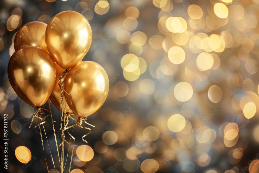 Gold balloons with ribbons on bokeh background, celebration wallpaper, empty space