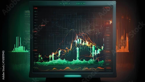 A black screen displaying candlestick stock charts. Trading and depicting financial market trends over a given time frame, using red and green candles. photo